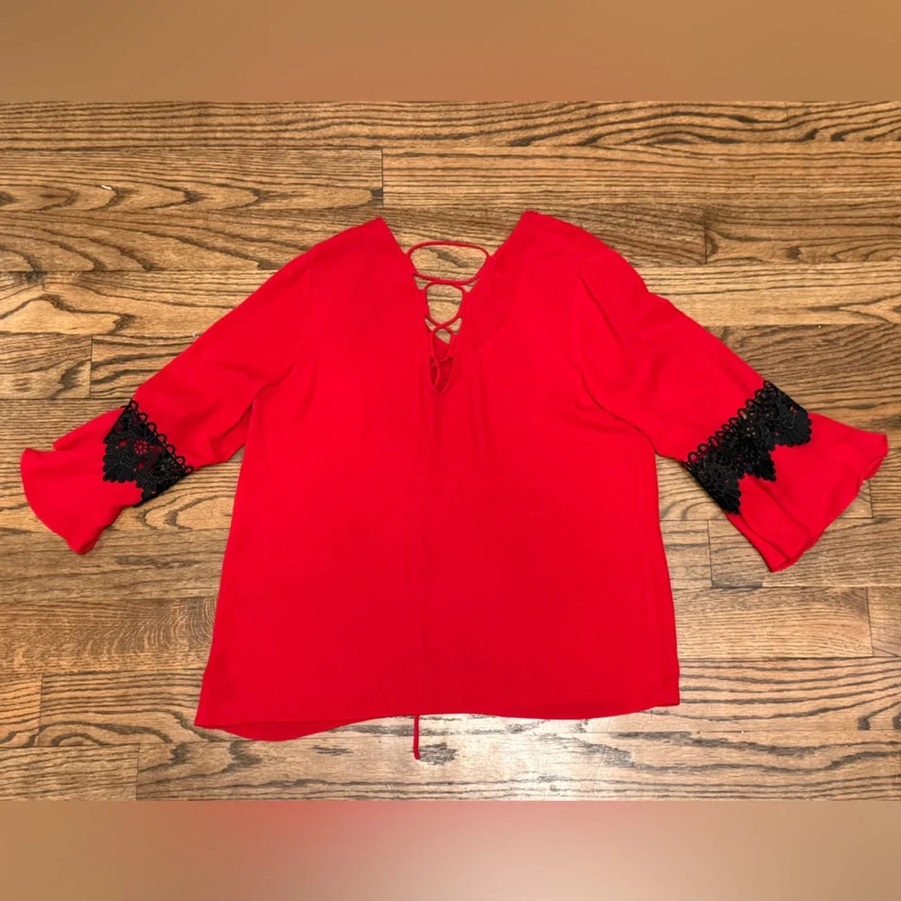 A. Byer Red Bell Sleeve Blouse w/ Lace-Up Back & Black Trim – Size Large